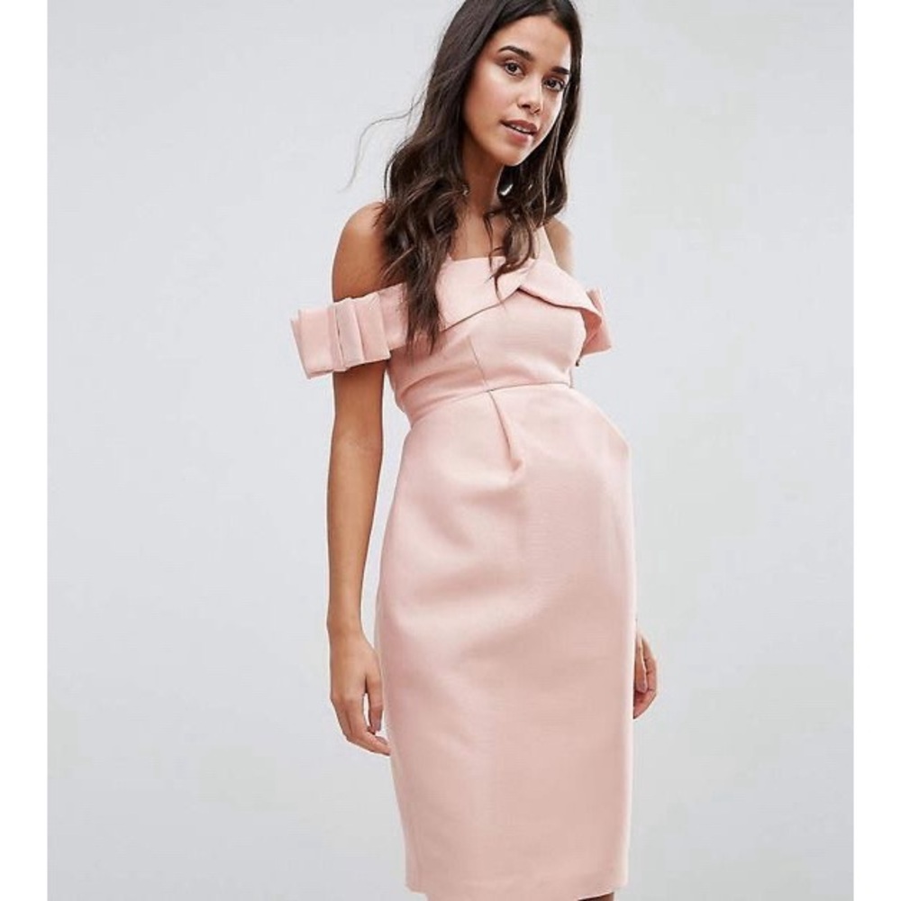 Asos Maternity Blush Pink Off Shoulder Bardot Dress w/ Bow Detail on the Sleeve